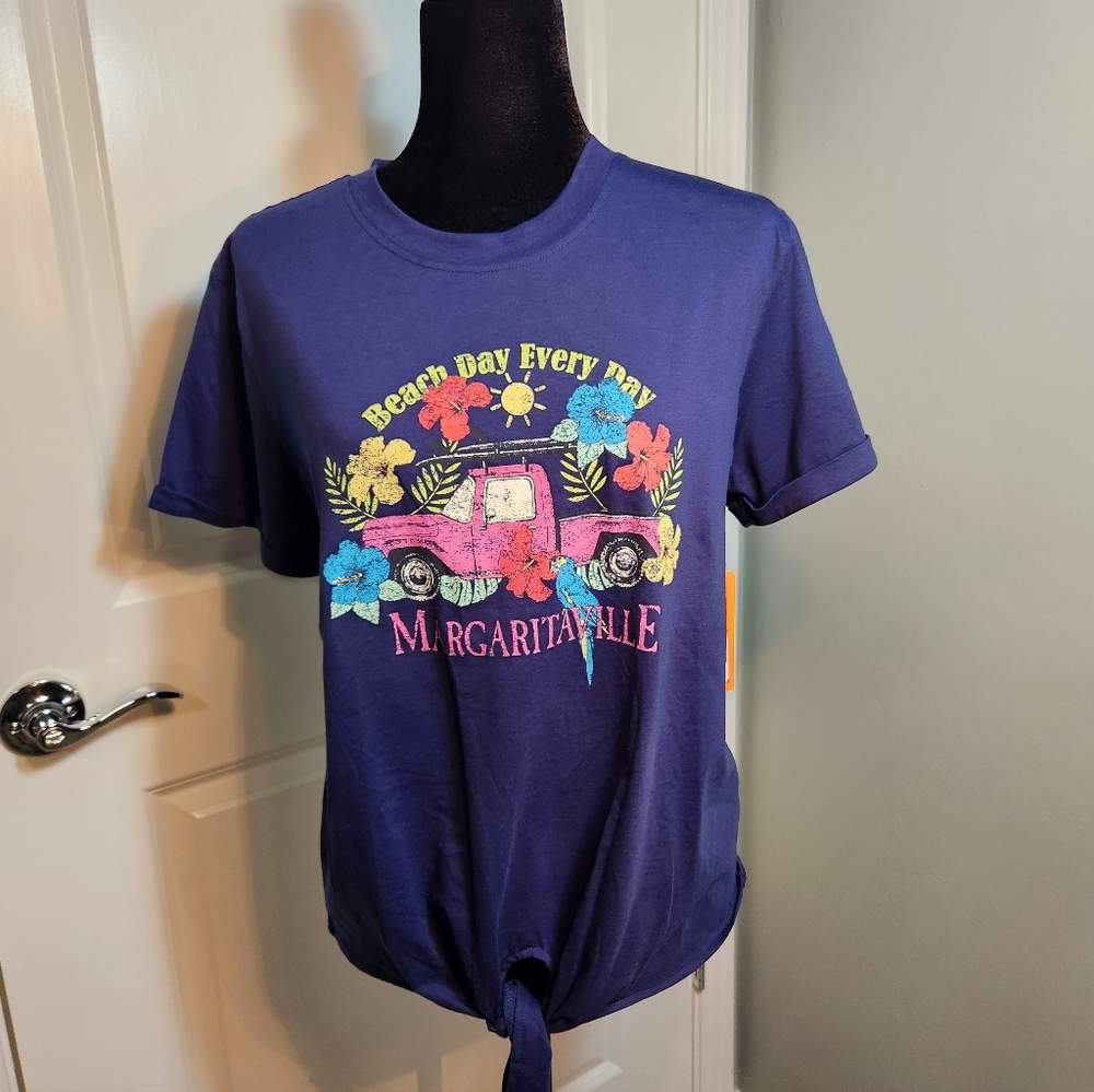 😀 Margaritaville Womens Blue Graphic Tie Front Tee
